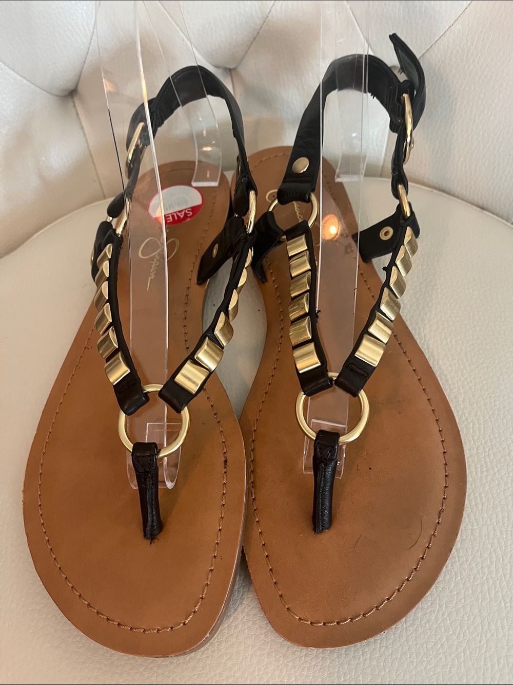 Jessica Simpson Black and Tan T-Strap Sandals with Gold Rings